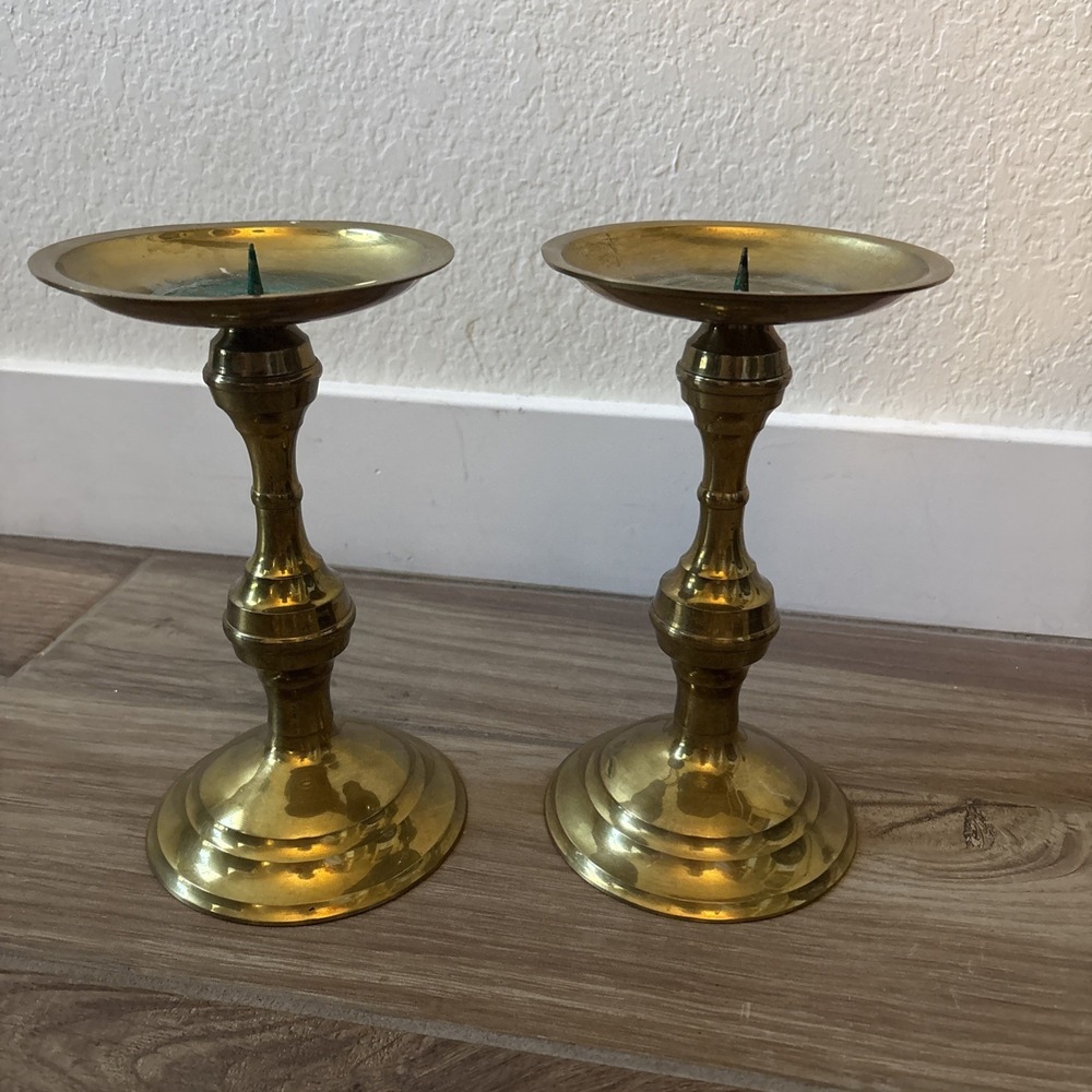 Pair of 2 Vintage Brass Spike Pricket Candle Holders Gold Tone 7.5in